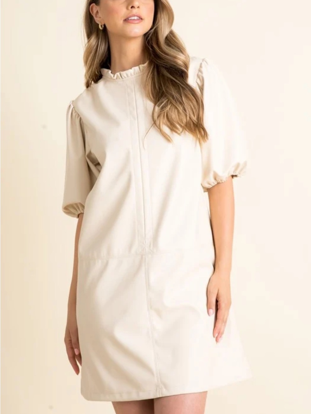 THML Cream Ruffle Neck Puff Sleeve Faux Leather Dress